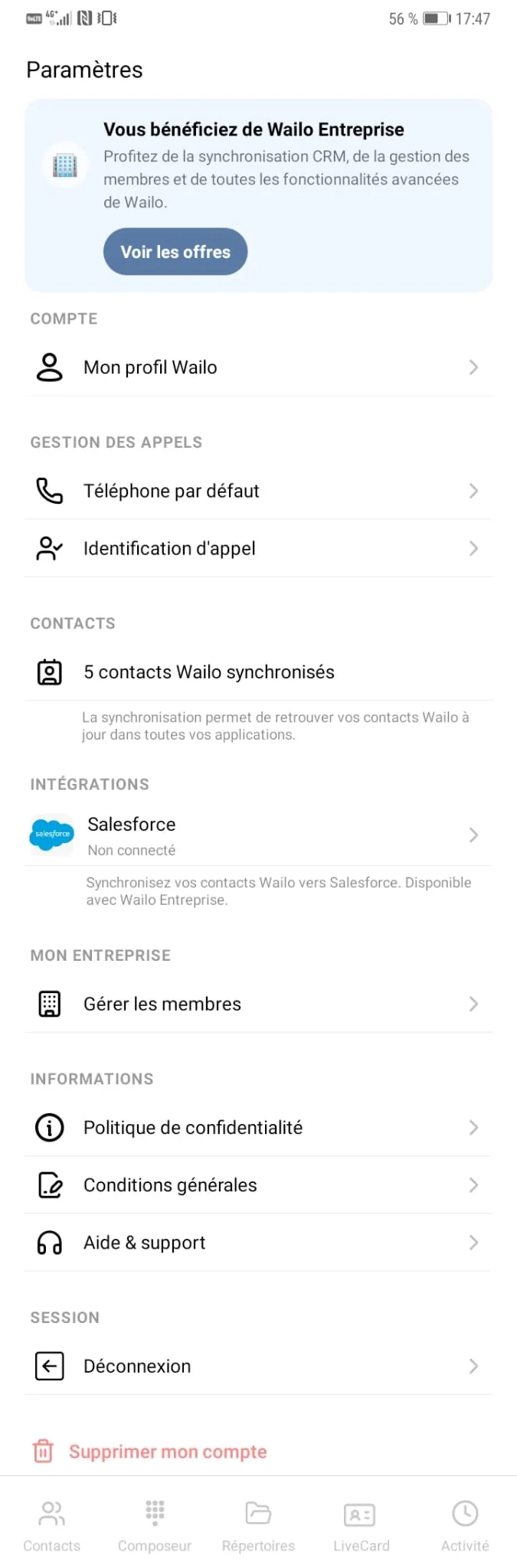 Écran Réglages de l'application Wailo : l'entrée Salesforce indique non connecté