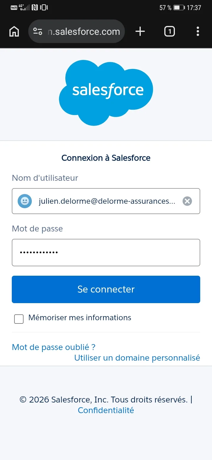 Page de connexion Salesforce avec le champ mot de passe renseigné