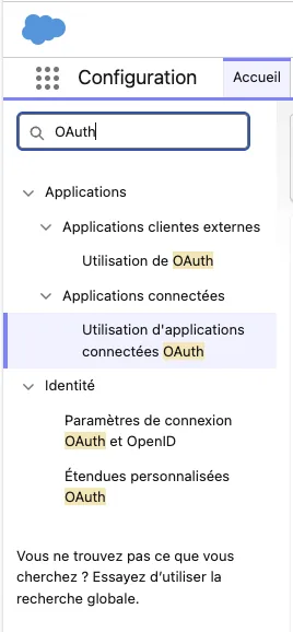 Menu de configuration Salesforce : la recherche rapide contenant le mot OAuth et l'entrée Utilisation d'applications connectées OAuth