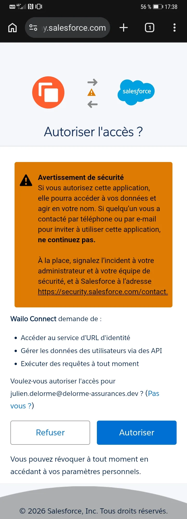 Page Salesforce d'autorisation d'accès : le bouton Autoriser permettant de connecter Wailo