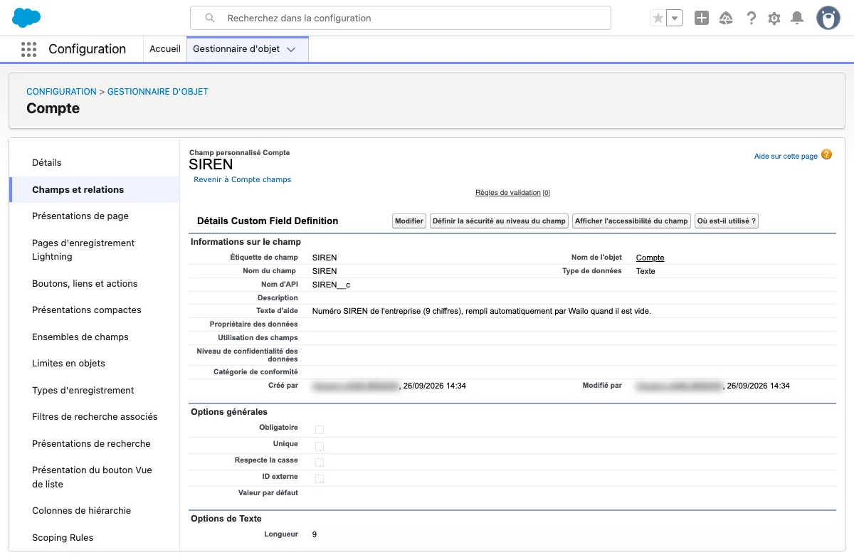 Fiche du champ personnalisé SIREN de l'objet Compte, Nom d'API SIREN__c, longueur 9